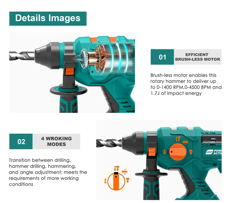 Power Action 20V Brushless Electric Cordless Rotary Hammer Drill SDS Drill Bits